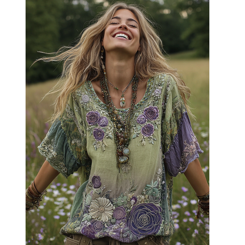 Classy Gradient Purple Lavender And Floral Embroidered Linen Short Sleeve T-shirt