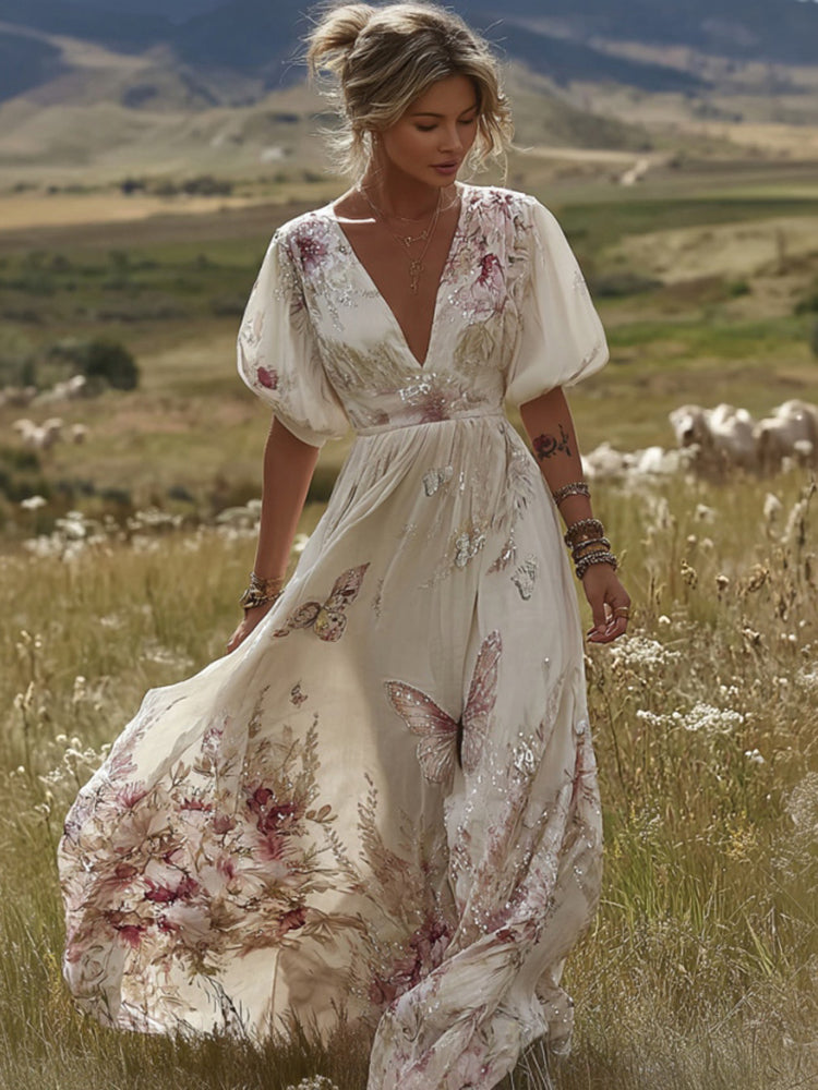 Women's Retro Bohemian Style Floral And Butterfly Comfortable V-neck Dress
