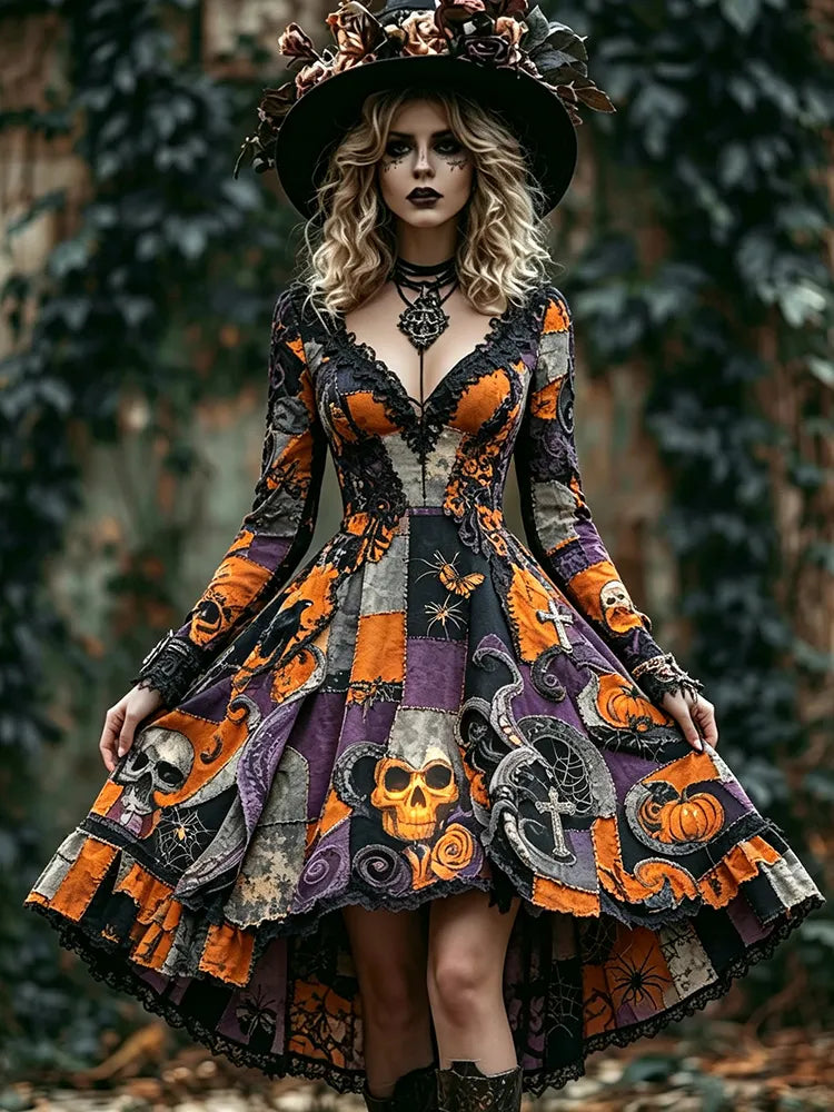 Women's Dark Cross Pumpkin Patchwork V-neck Long-sleeve Dress