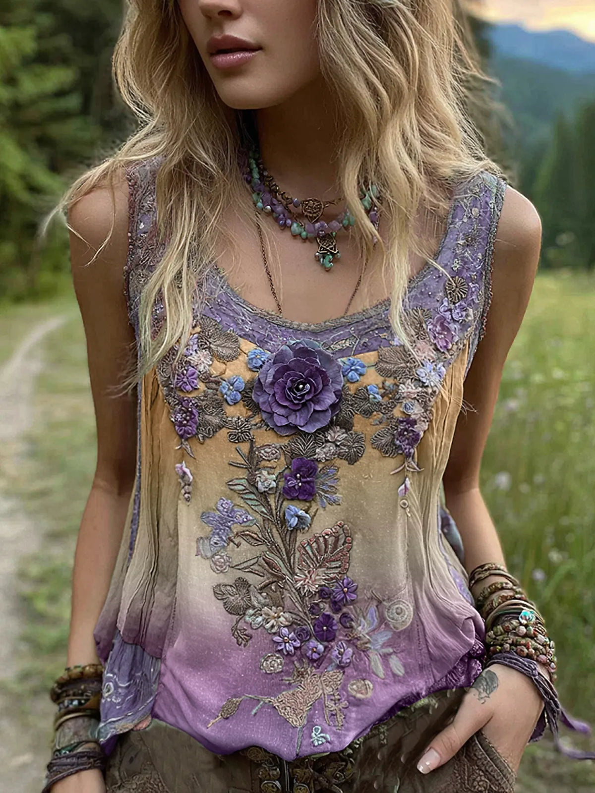 Vintage Classy Gradient Purple Lavender And Floral Embroidered Pattern Linen Tank Top