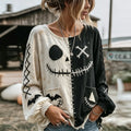 Women's Retro Halloween Spooky Smiley Face Color Block Casual Linen Shirt