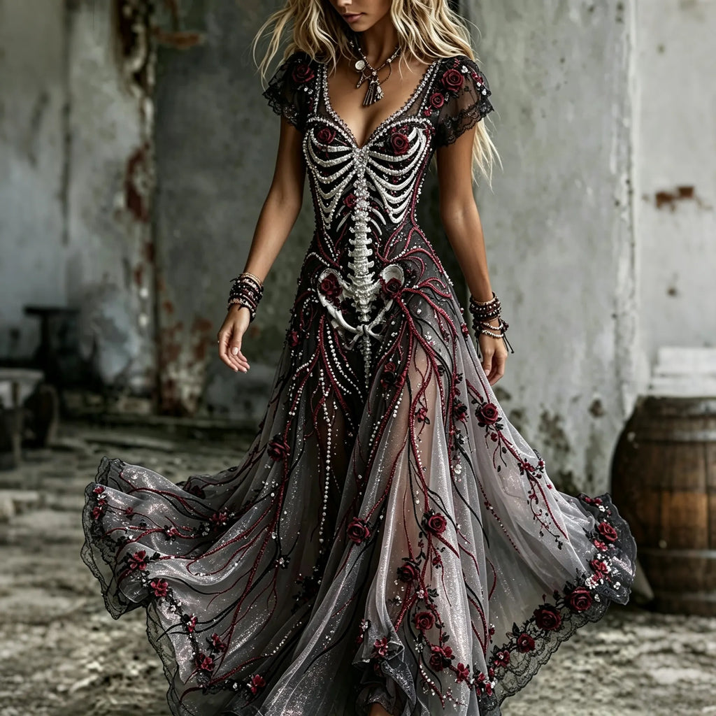 Women's  Retro Gothic Skull Floral Pattern Short Sleeves Maxi Halloween Dress