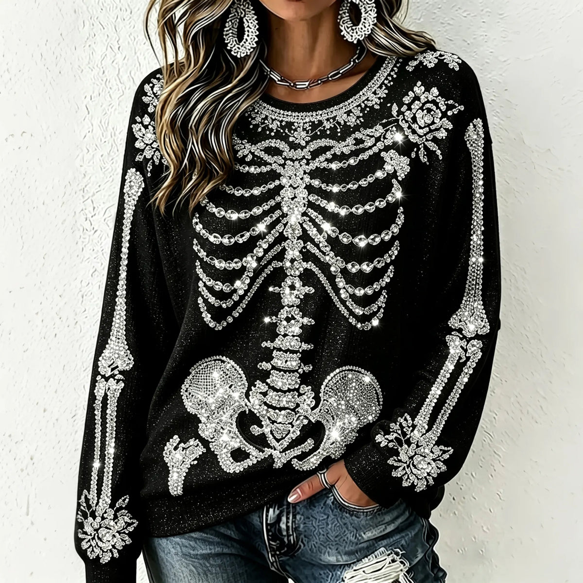 Women's Gothic Halloween Skull Rhinestone Art Crew Neck Sweatshirt