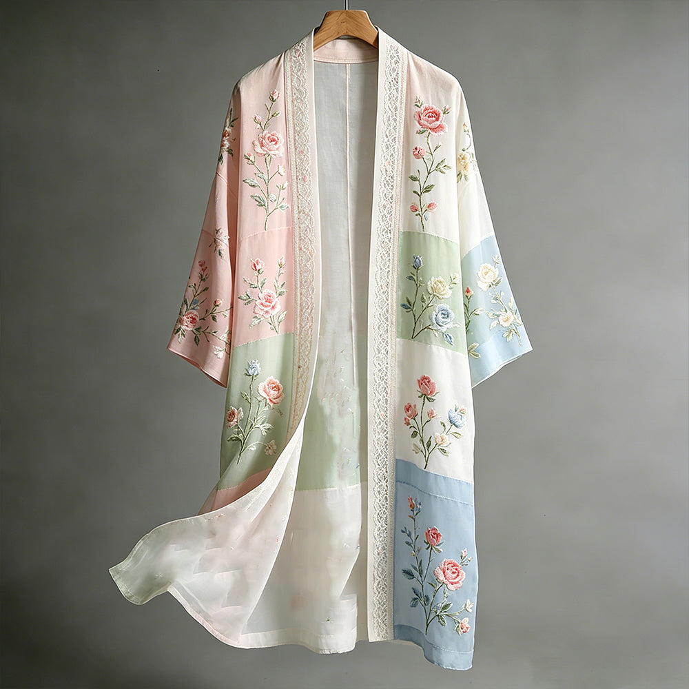 Vintage Rose Art Embroidered Color-block Comfortable Cotton Linen Flowy Kimono