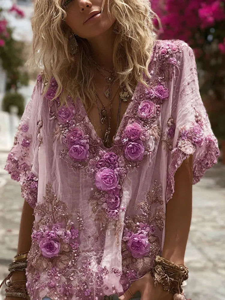 Vintage Pink Rose Embroidery Linen Short Sleeve T-shirt