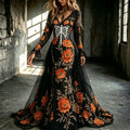 Women's Dark Floral Skull Design V-neck Cotton Linen Long-sleeved Dress