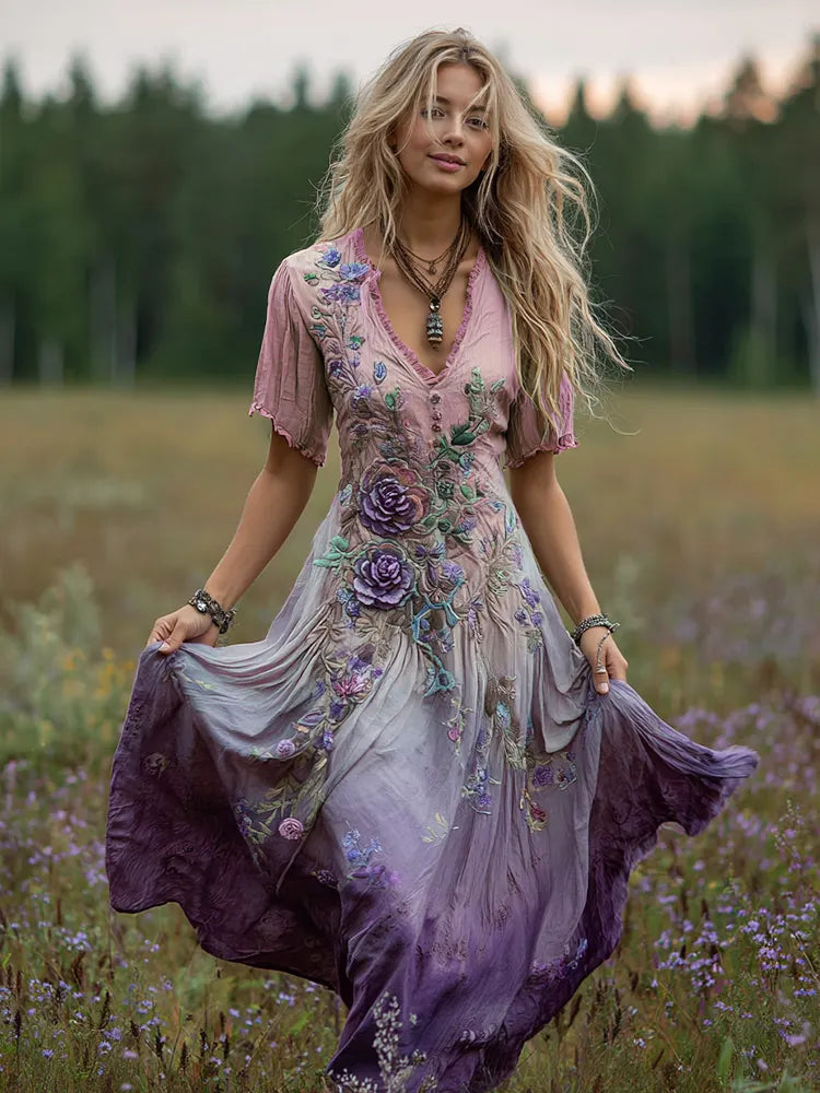 Women's Bohemian Floral Art Gradient Linen Maxi Dress
