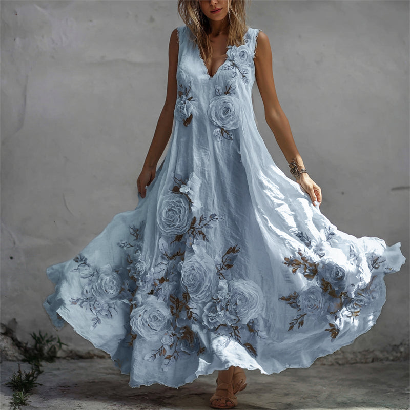 Vintage White Roses Fiber Art Flowy Linen Maxi Dress