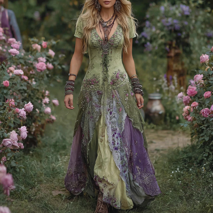 Vintage Gradient Purple Floral Embroidered Linen Maxi Dress