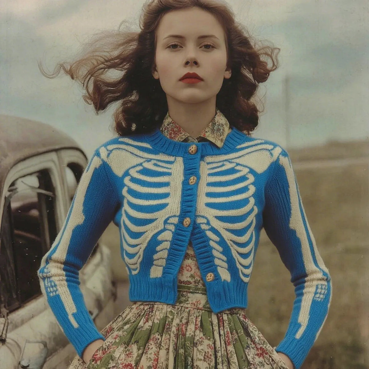 Women's Vintage Skull Ribs Pattern Cozy Knit Sweater Cardigan