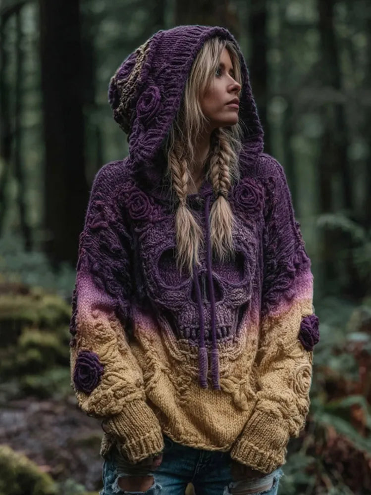 Women's Vintage Viking Skull And Rose Gradient Art Knit Hooded Sweater