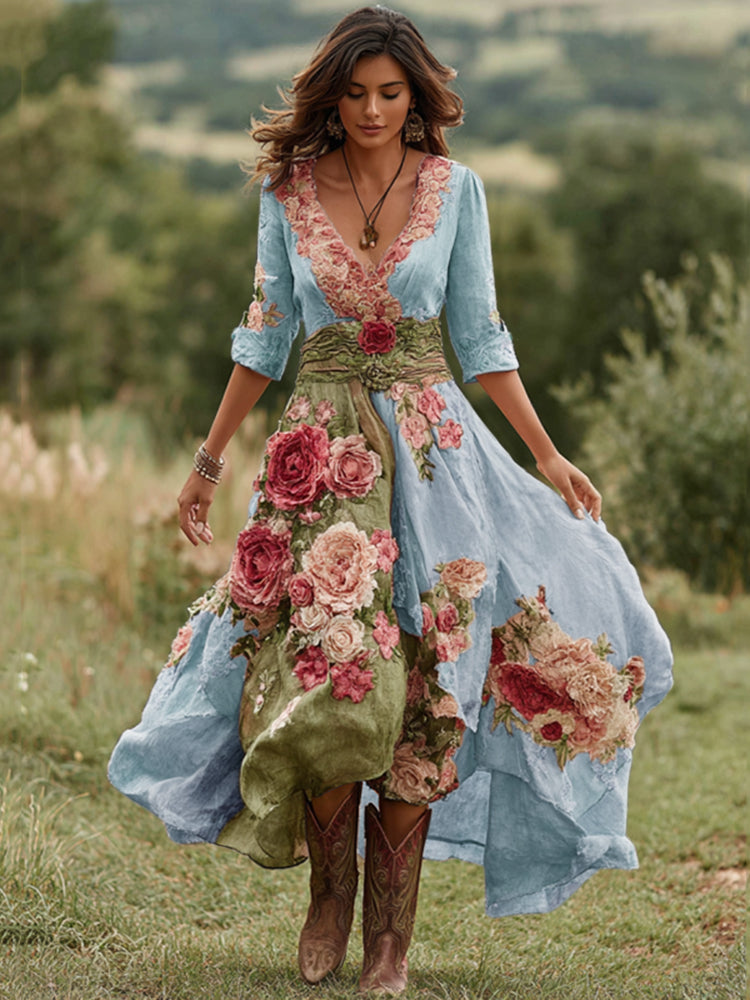 Women's Vintage Floral Art V Neck Linen Blend Maxi Dress