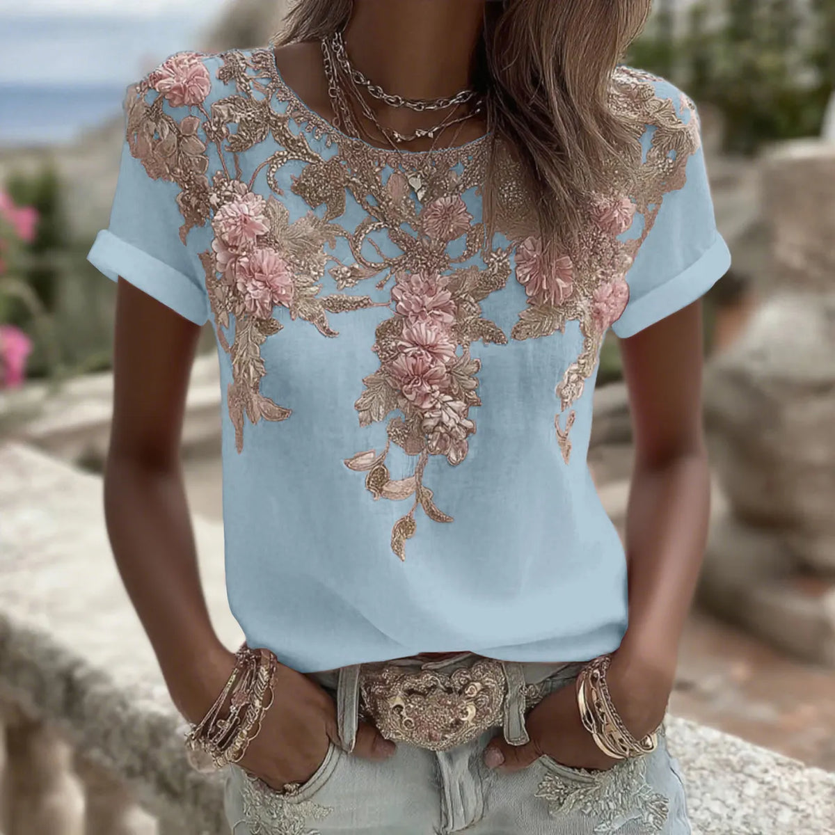 Women's Vintage Pink Rose Embroidery Art Round Neck Short Sleeve Linen Blend T-shirt