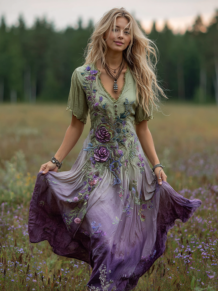 Women's Bohemian Floral Art Gradient Linen Maxi Dress