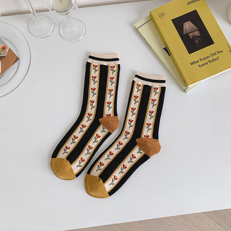 Soft Warm Retro Floral Jacquard Socks