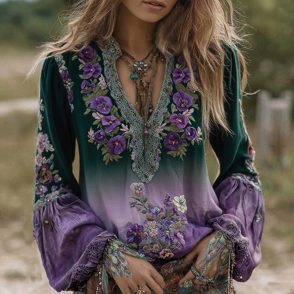 Vintage Classy Gradient Purple Pansy Embroidered Art Linen Long Sleeve Blouse