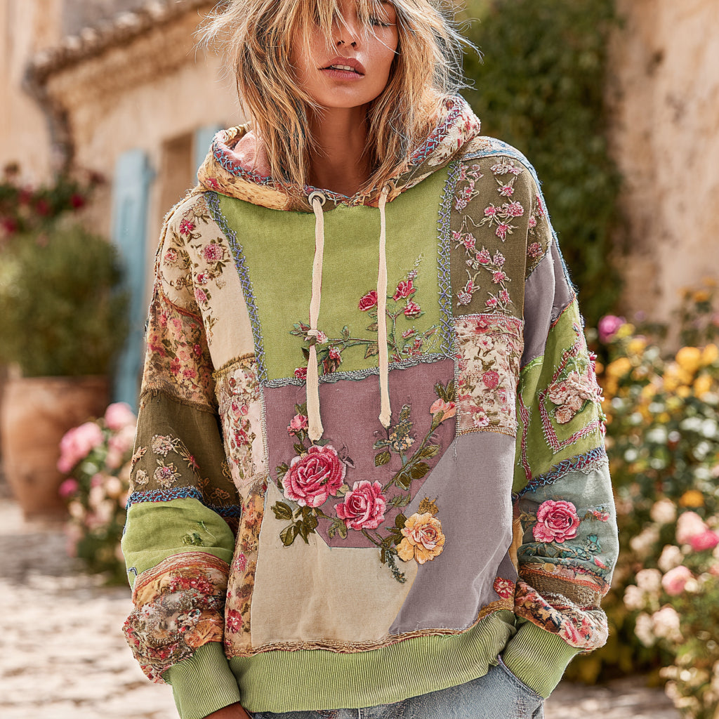 Vintage Rose Floral Patch Comfortable Warm Hoodie