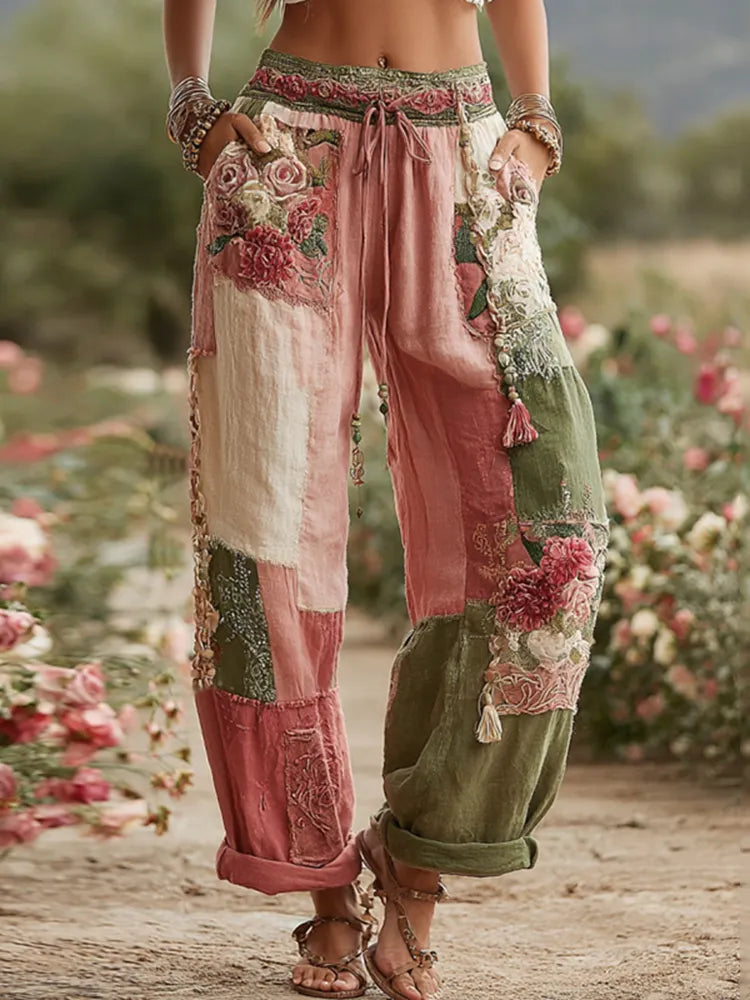 Love & Health Collection Retro Rose And Floral Patchwork Art Linen Pants