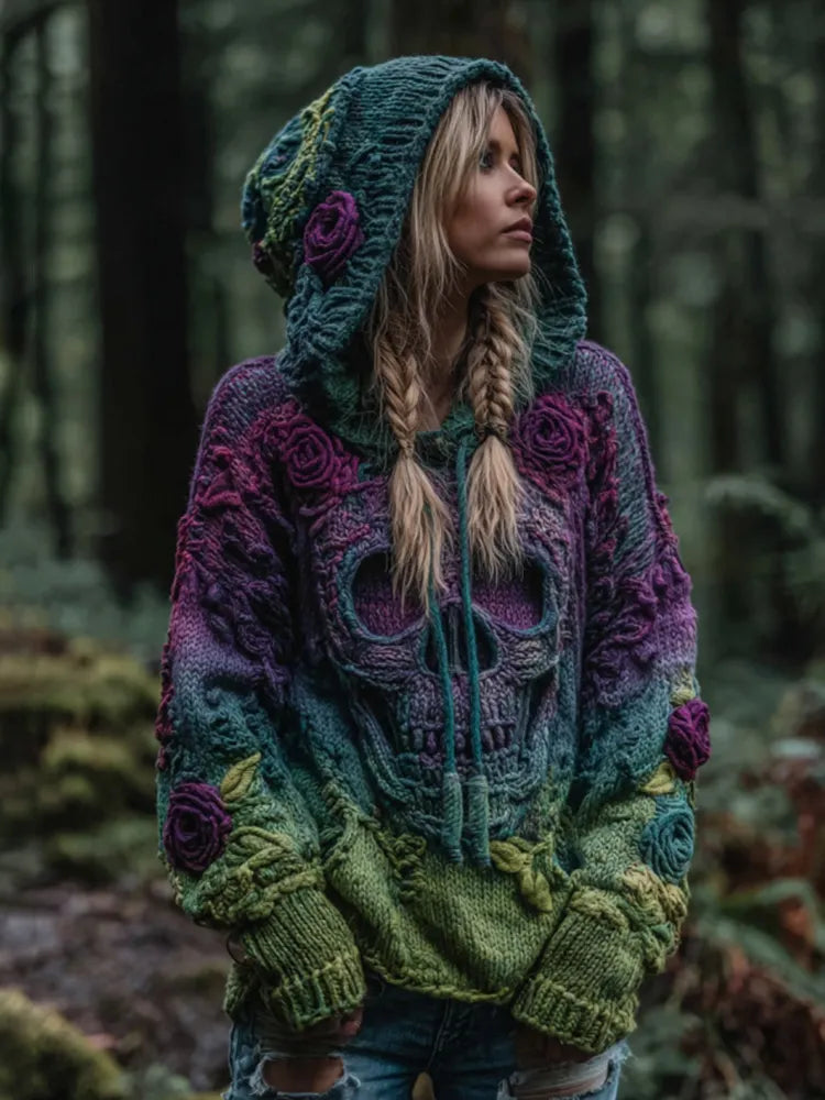 Women's Vintage Viking Skull And Rose Gradient Art Knit Hooded Sweater