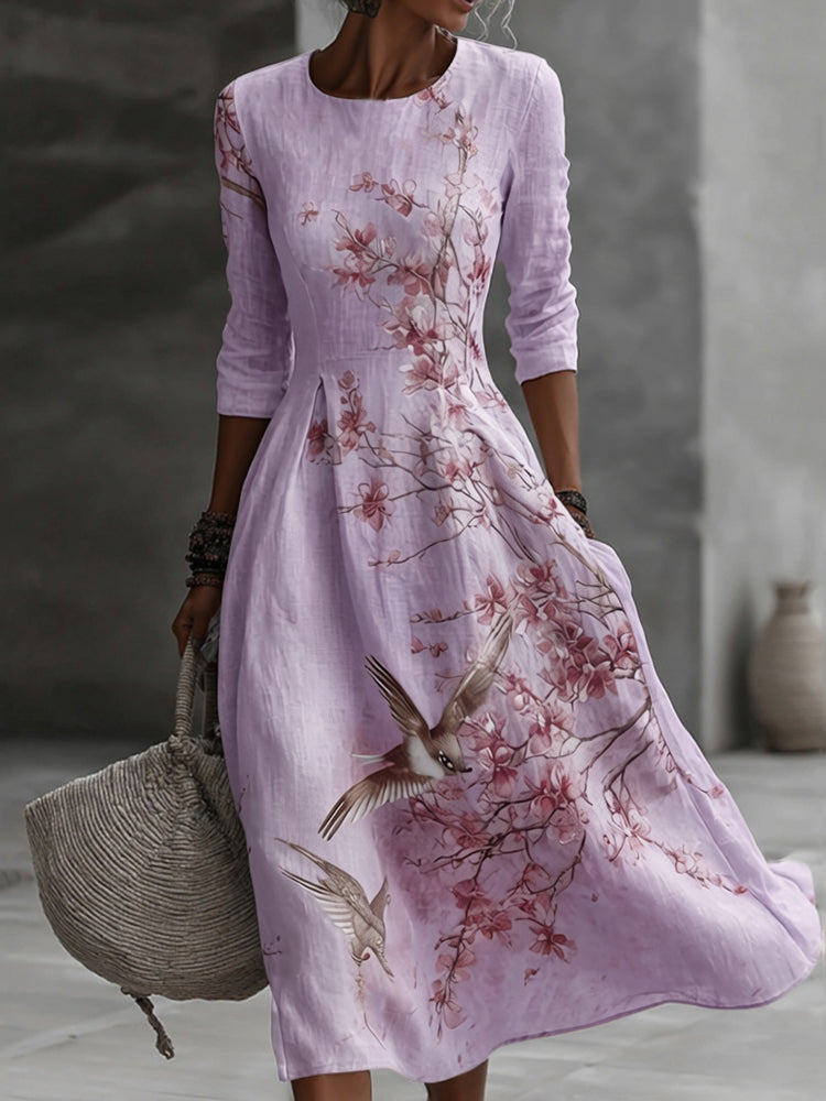 Japanese Plum Blossom Art Embroidered Casual Linen Maxi Dress