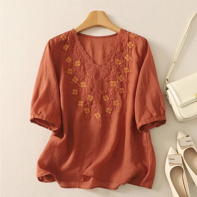 Women's Artistic Floral Embroidered Cotton Linen Casual Top