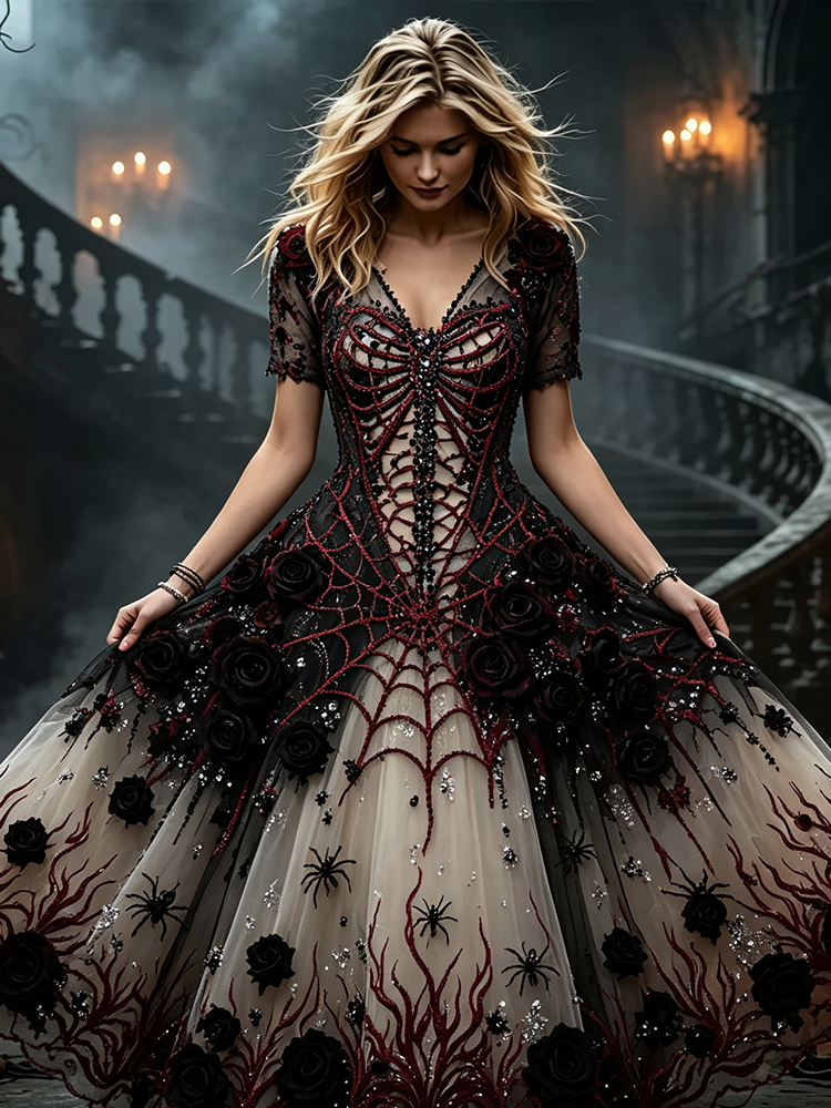 Women's  Gothic-style Short-sleeved Long Dress, Decorated With Spider Webs, Roses And Spider Patterns.